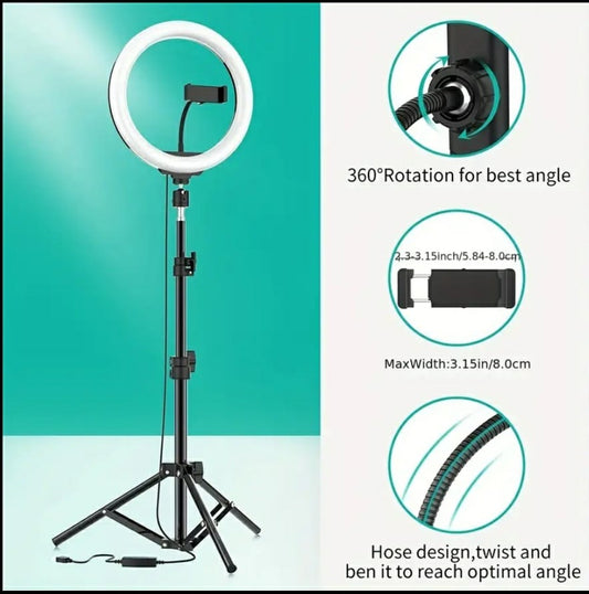 10.0-Inch Round LED Ring Light Set with Adjustable Desktop Tripod